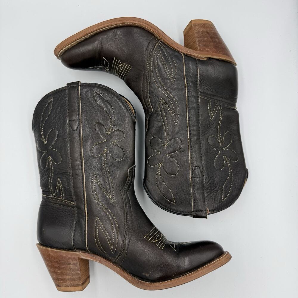 Leather Women’s 7.5 R Western Cowboy Boots Brown Floral Stitch USA